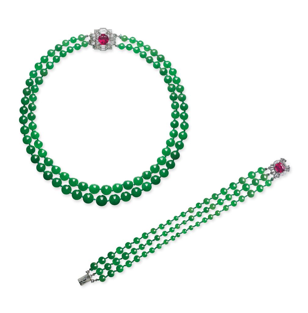 Комплект из ожерелья и браслета из жадеита, рубина и бриллиантов от Cartier