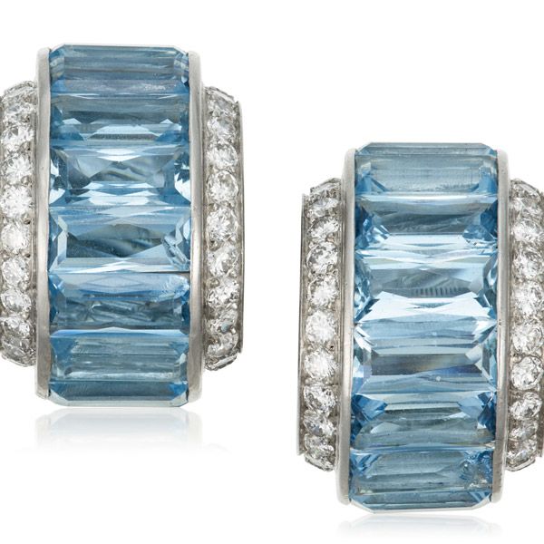 Серьги-кольца Cartier в стиле ар-деко с аквамарином и бриллиантами