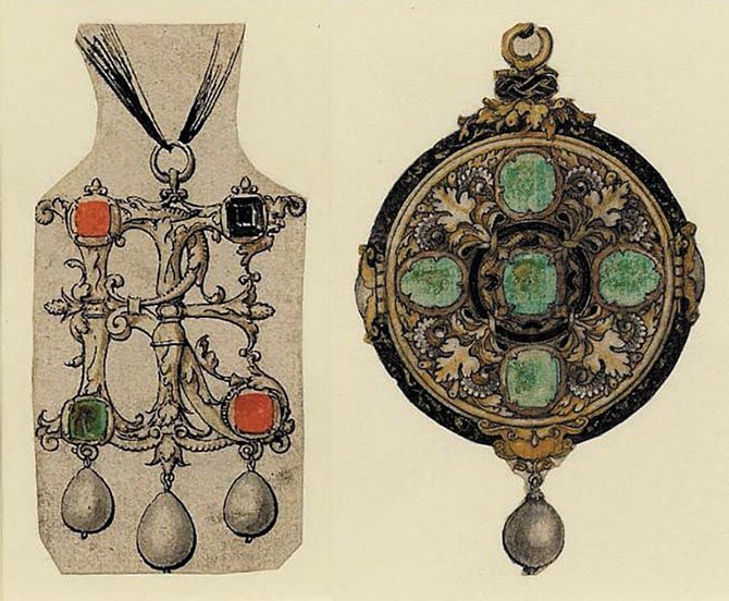 Два дизайна Гольбейна. Слева кулон в виде монограммы RE с массивом драгоценных камней и жемчуга. Справа эскиз круглой подвески с пятью изумрудами и подвешенной жемчужиной. Фото: Британский музей