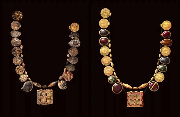 Сравнительное изображение ожерелья «Сокровище Харпола»: нынешнее состояние и компьютерная визуализация того, как оно выглядело