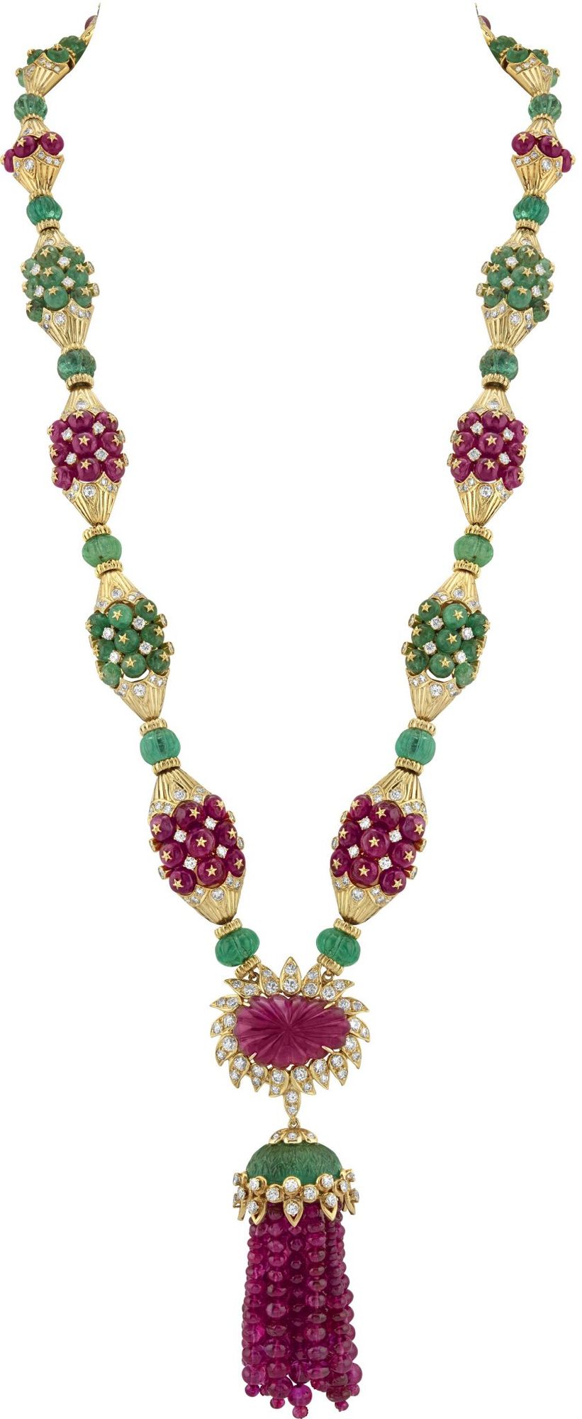 Ожерелье с резными рубинами и изумрудами из коллекции Heritage от Van Cleef & Arpels, 1970-е годы