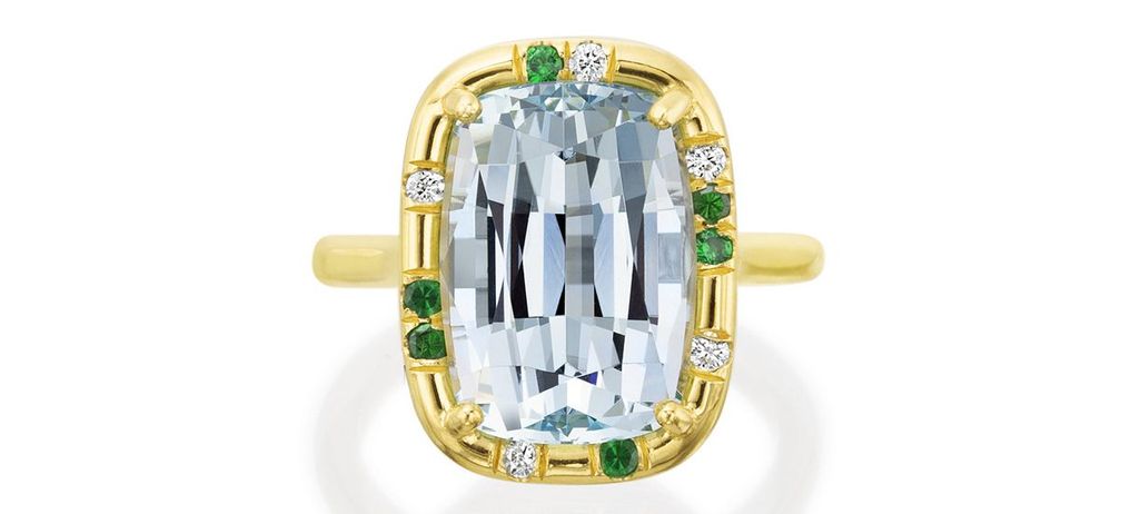 Кольцо Sprinkle от Lauren K из 18-каратного желтого золота с аквамарином, бриллиантами и цаворитами Кольцо Sprinkle от Lauren K из 18-каратного желтого золота с аквамарином, бриллиантами и цаворитами