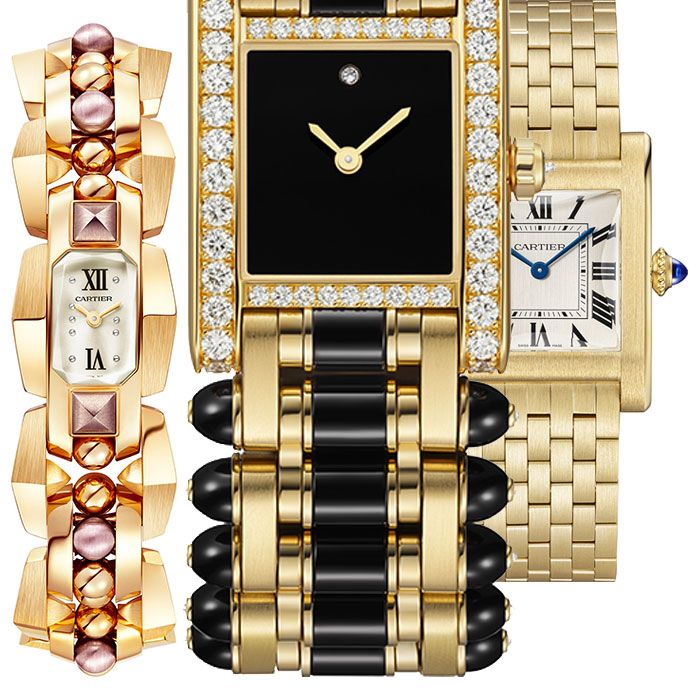 Слева направо: часы Cartier Clash [Un]limited в желтом и пурпурном золоте, ювелирные часы Tank в золоте и ониксе и обычные часы Tank