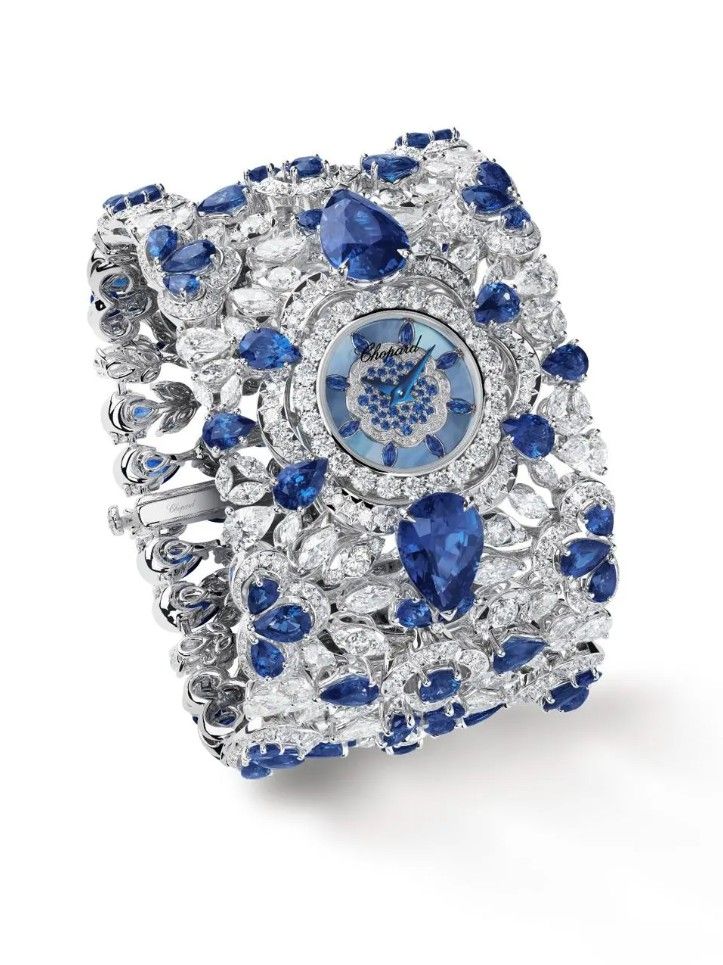 Ювелирные часы из 18-каратного белого золота Fairmined с бриллиантами и сапфирами и голубым перламутровым циферблатом