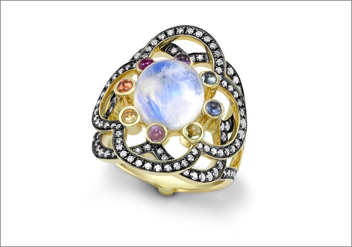 Кольцо Flower of Life от Noor Fares из желтого золота с лунным камнем, цветными камнями и бриллиантами