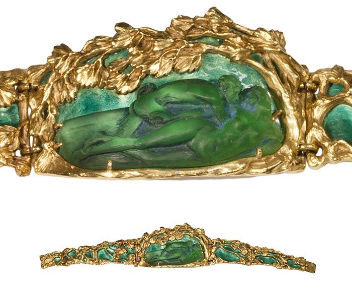 Браслет «Поцелуй фавна» из золота и стекла с эмалью, около 1905 г., коллекция музея Лалика 