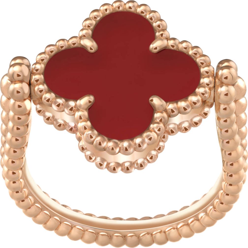 Двустороннее кольцо Alhambra. Розовое золото, розовое золото с гильошированным узором, сердолик, бриллиант