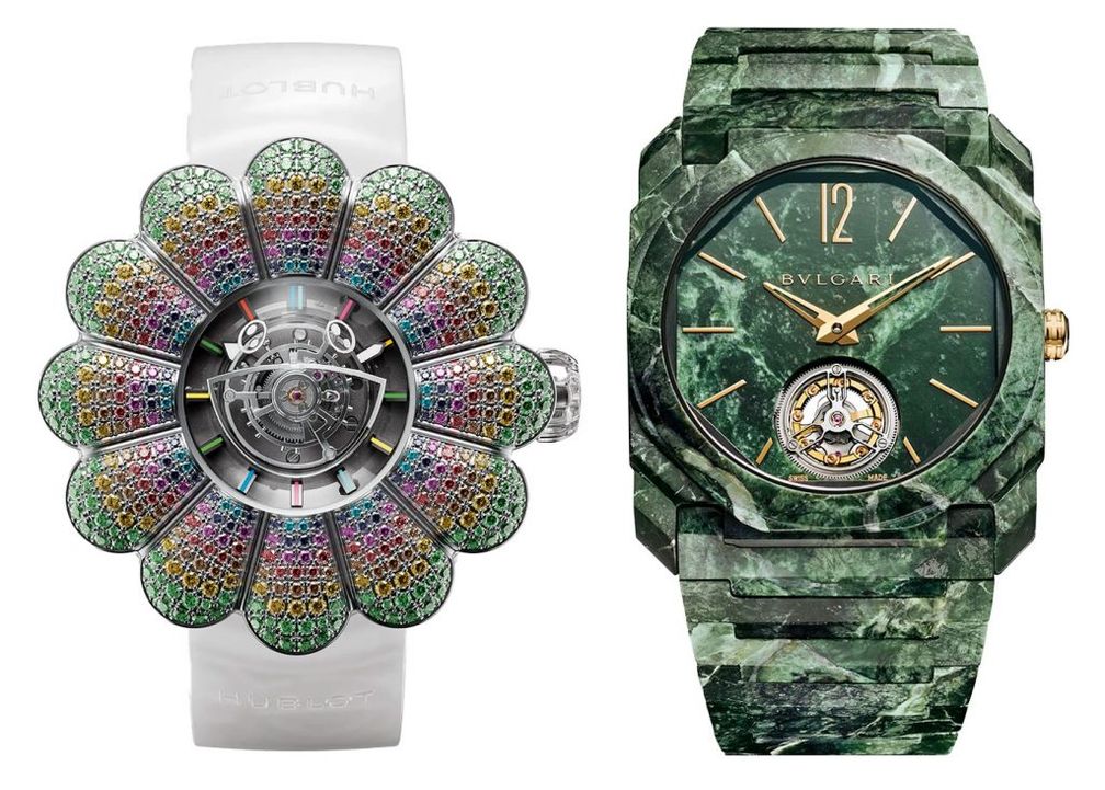 Слева: часы MP-15 Takashi Murakami Tourbillon от Hublot. Справа: часы Octo Finissimo Tourbillon Marble от Bulgari Слева: часы MP-15 Takashi Murakami Tourbillon от Hublot. Справа: часы Octo Finissimo Tourbillon Marble от Bulgari