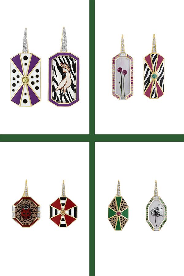 По часовой стрелке сверху слева: серьги Hello My Darling; серьги Happy Birthday; серьги «Загадай желание»; серьги Shopping Time 