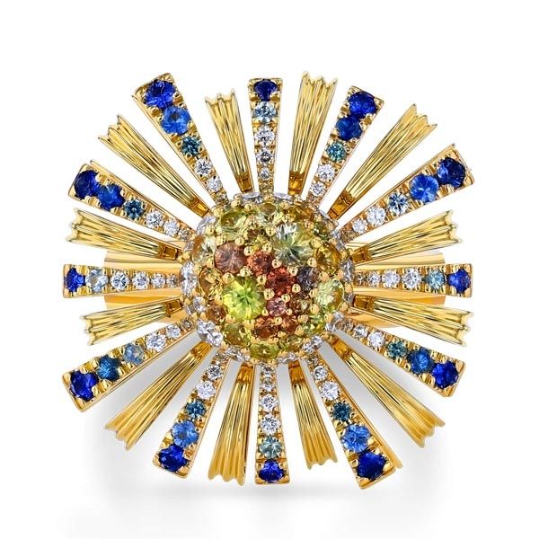 Кольцо Kahkeshan Sun от Toktam из 18-каратного желтого золота с разноцветными сапфирами и бриллиантами