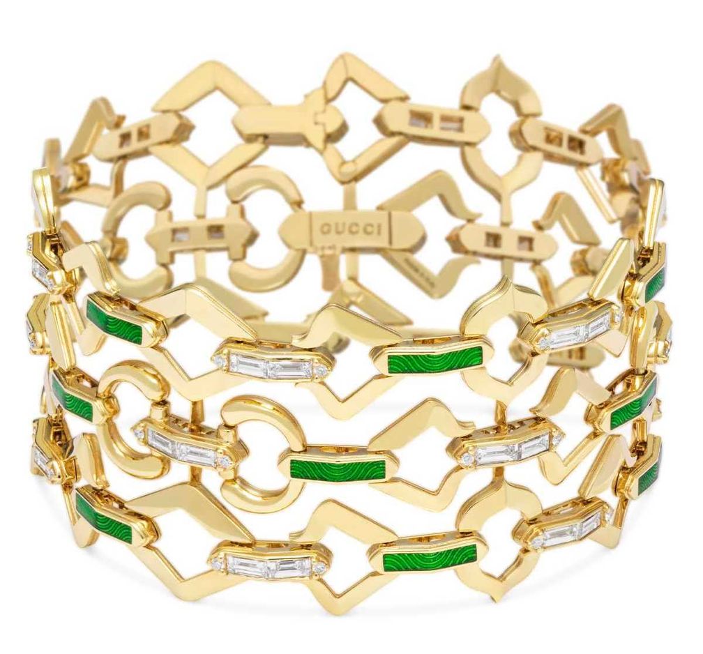 Трехрядный браслет из 18-каратного золота с бриллиантами и малахитом