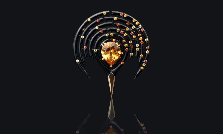 Брошь Foraminifera из 18-каратного переработанного золота и хромированного переработанного серебра украшена цитрином весом 9,70 карата и 50 сапфирами Брошь Foraminifera из 18-каратного переработанного золота и хромированного переработанного серебра украшена цитрином весом 9,70 карата и 50 сапфирами