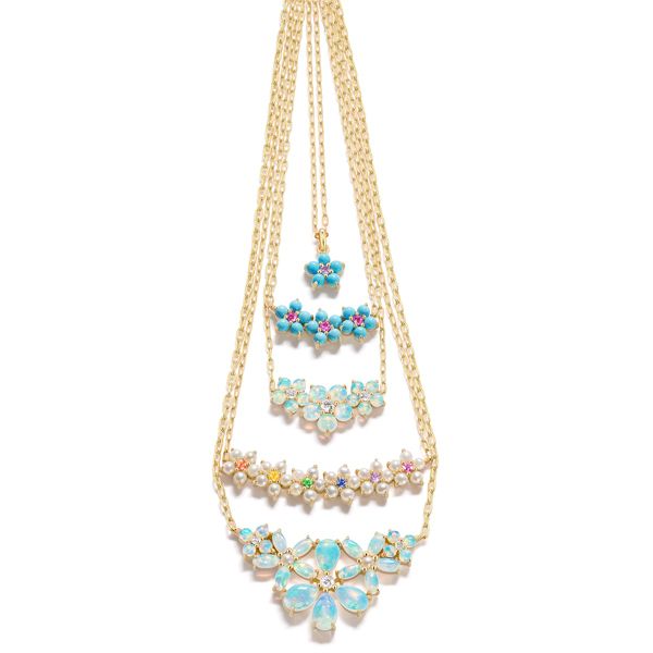 Великолепный букет колье Flower Power от Jane Taylor с вариантами из бирюзы, жемчуга и опала с цветными драгоценными камнями и бриллиантами