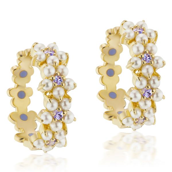Серьги Huggie из желтого золота 14 карат с жемчугом и танзанитом