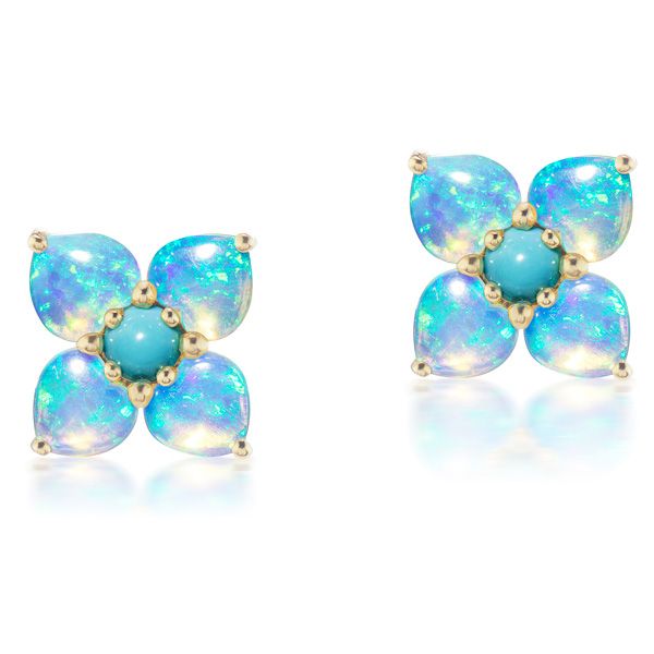 Серьги-гвоздики Flower Power из желтого золота 14 карат с опалом и бирюзой