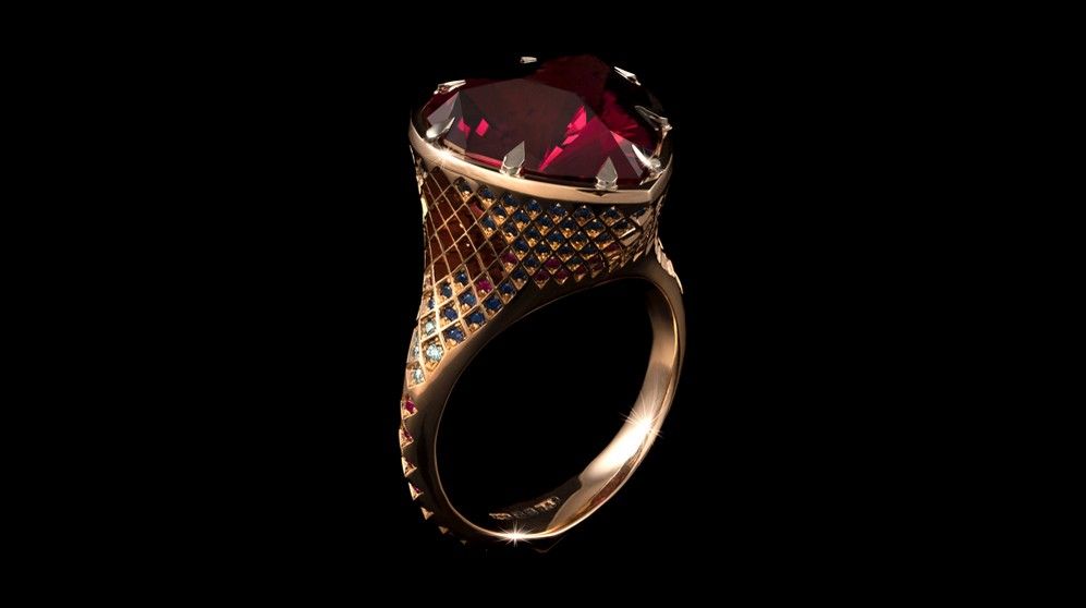 Кольцо Persephone из 18-каратного розового золота с модифицированным темно-красным умбалитом грушевидной формы весом 10,60 карата и 177 синими сапфирами, голубыми бриллиантами, оранжевыми сапфирами и рубинами Кольцо Persephone из 18-каратного розового золота с модифицированным темно-красным умбалитом грушевидной формы весом 10,60 карата и 177 синими сапфирами, голубыми бриллиантами, оранжевыми сапфирами и рубинами