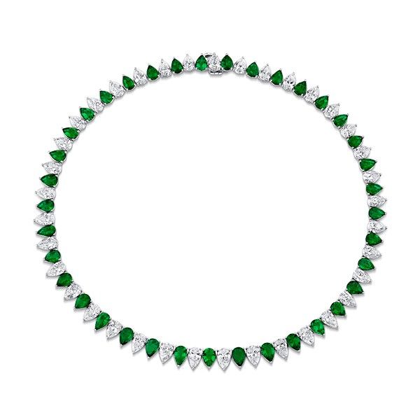 Платиновое колье с бриллиантами и изумрудами грушевидной формы Платиновое колье с бриллиантами и изумрудами грушевидной формы