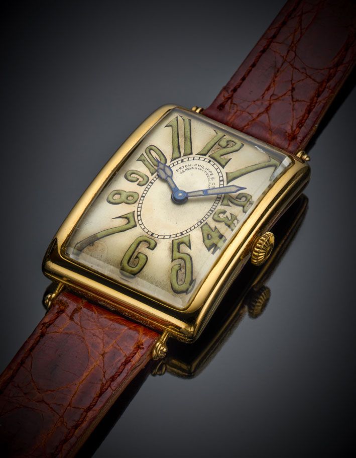Мужские часы Patek Philippe Gondolo Rectangular «Взрывающиеся цифры» из золота, 1910-1920-е годы