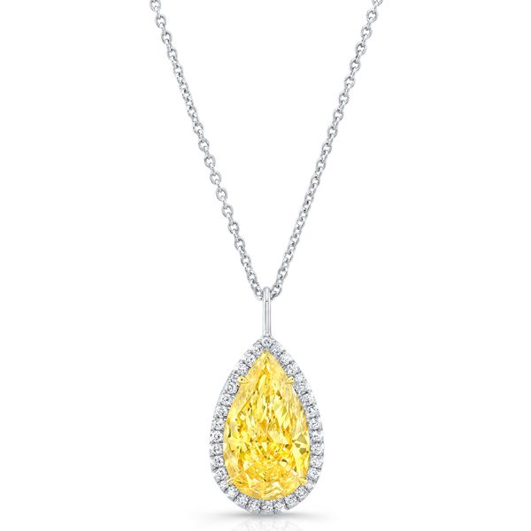 Подвеска грушевидной формы от Rahaminov из платины с фантазийным желтым бриллиантом весом 5,68 карата и паве из белых бриллиантов Подвеска грушевидной формы от Rahaminov из платины с фантазийным желтым бриллиантом весом 5,68 карата и паве из белых бриллиантов