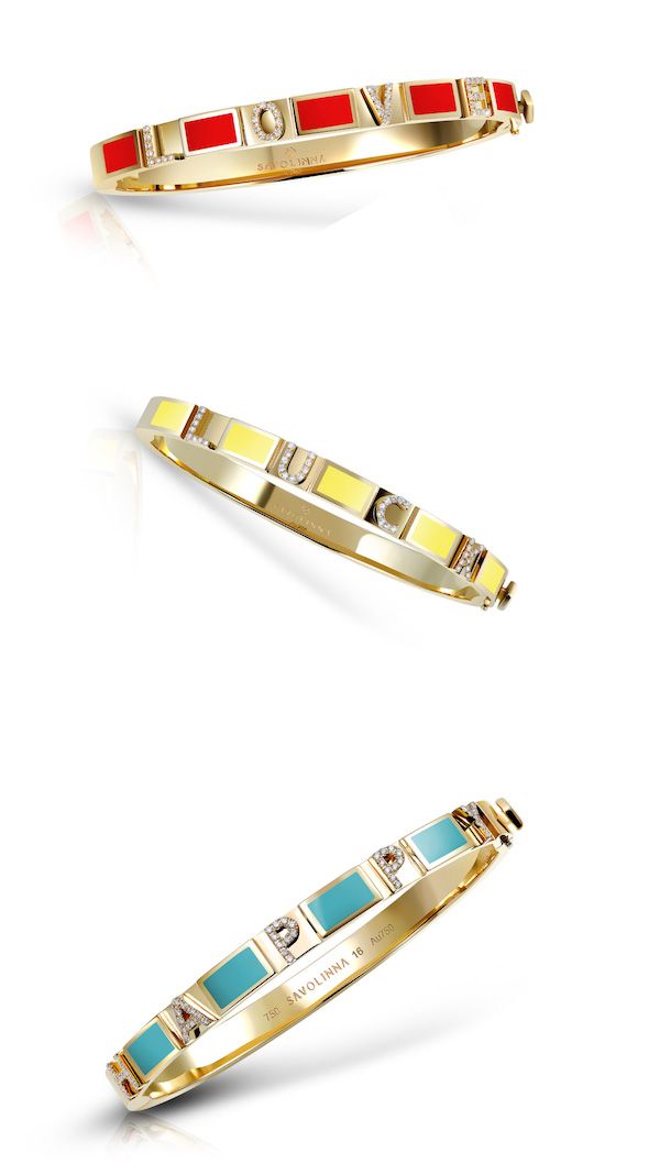 Браслеты Love, Luck и Happy от Savolinna из 18-каратного золота с эмалью с бриллиантами