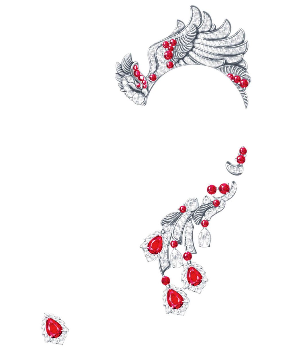 Ушной кафф высокого ювелирного искусства «Феникс» из белого золота с рубинами и бриллиантами