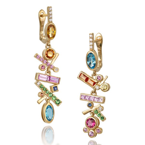 Серьги Falling Stars из желтого золота 18 карат с разноцветными сапфирами, голубым топазом, цитрином, цаворитом и бриллиантами 