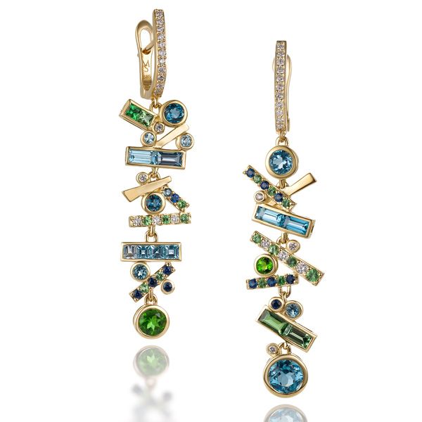 Серьги Falling Stars из желтого золота 18 карат с цаворитами, сапфирами, голубым топазом и бриллиантами