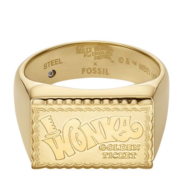 Кольцо-печатка Willy Wonka x Fossil повторяет внешний вид Золотого билета, который дает победителям право на специальную экскурсию по фабрике Вонки 