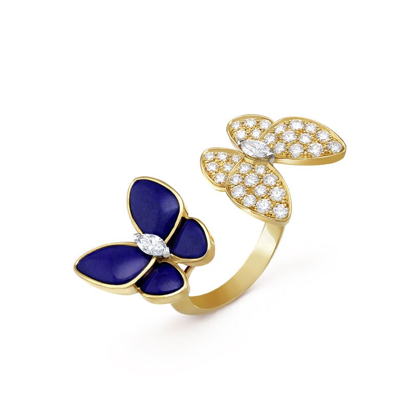 Кольцо Two Butterfly Between the Finger от Van Cleef & Arpels из желтого золота с бриллиантами круглой огранки и огранки маркиза и лазуритом