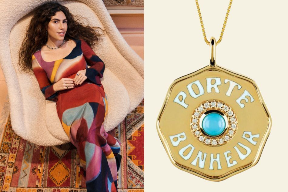 Слева: Джесси Марло Лазовски. Справа: колье с подвеской Porte Bonheur из золота и бирюзы, 2019 год