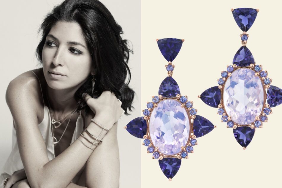 Слева: Карма Эль Халил. Справа: серьги Lilac Nova из лавандового кварца, иолита и танзанита, 2024 год 