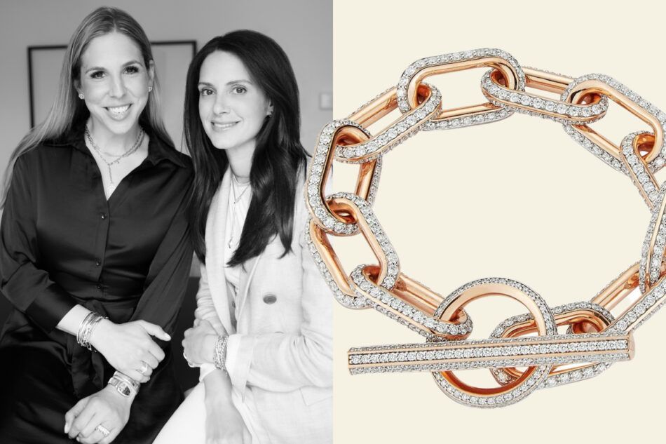 Слева: Молли Фейт Гуд и Стефани Уолтерс Абрамов из бренда Walters Faith. Справа: большой браслет-цепочка из 18-каратного розового золота с бриллиантами, 2020 год