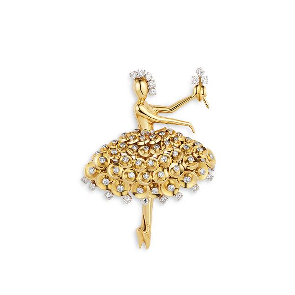 В коллекцию Van Cleef & Arpels входит этот зажим Sequins ballerina 1953 года, выполненный из желтого, розового, белого золота, платины и бриллиантов