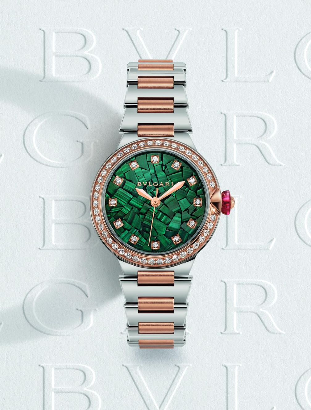 Часы Lvcea из стали и золота с бриллиантами и маркетри из зеленого малахита