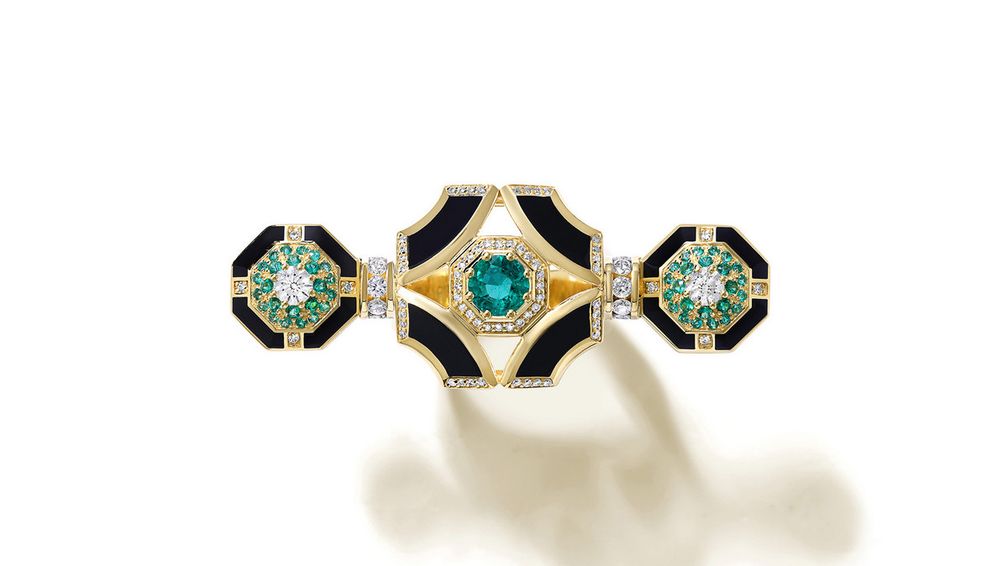 Кольцо Darro Enchantress из 18-каратного желтого золота с изумрудами, белыми бриллиантами и угольно-черной эмалью