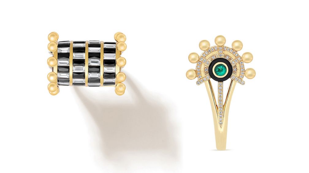 Кольцо Raisina Cascade из 18-каратного желтого золота с белыми бриллиантами, черной шпинелью, замбийскими изумрудами и черным ониксом также является частью специальной коллекции роскошных изделий