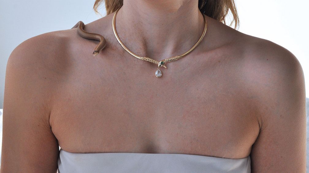 Уникальное ожерелье-цепочка Snake от Ashley Zhang Jewelry из 14-каратного желтого золота с двумя круглыми бриллиантами классической огранки вместо глаз, изумрудом грушевидной огранки на голове рептилии и подвески-капли из бриллианта грушевидной огранки весом два карата, свисающей изо рта змеи Уникальное ожерелье-цепочка Snake от Ashley Zhang Jewelry из 14-каратного желтого золота с двумя круглыми бриллиантами классической огранки вместо глаз, изумрудом грушевидной огранки на голове рептилии и подвески-капли из бриллианта грушевидной огранки весом два карата, свисающей изо рта змеи