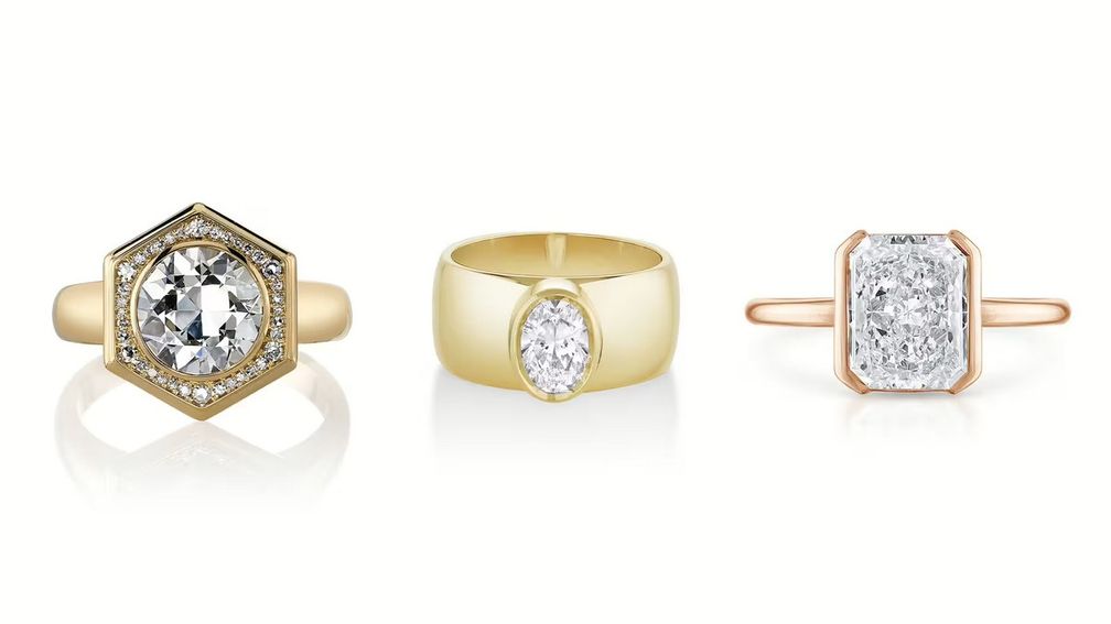 Слева направо: кольца от Single Stone, Marrow Fine и Stephanie Gottlieb Fine Jewelry, демонстрирующие тенденции в области помолвочных колец с бриллиантами