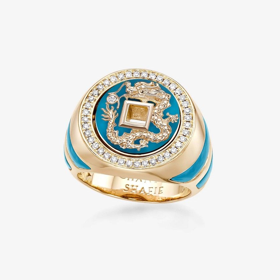 Двустороннее кольцо с печаткой Eternal Dragon из 18-каратного желтого золота с бирюзой и бриллиантами