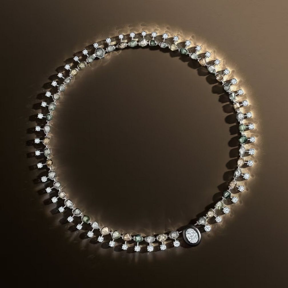 В центре ожерелья Embrace — овальный белый бриллиант весом 2,91 карата в оправе из вырезанного вручную гагата. Гладкая зернистость гагата дополняет тактильную красоту необработанных алмазов В центре ожерелья Embrace — овальный белый бриллиант весом 2,91 карата в оправе из вырезанного вручную гагата. Гладкая зернистость гагата дополняет тактильную красоту необработанных алмазов