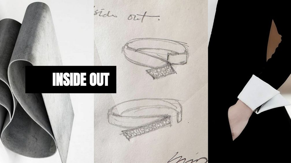Креативный директор Юнджо Ли обращалась к дизайну смокингов при создании коллекции Inside Out. В центре показаны эскизы Ли для изделий Flip Креативный директор Юнджо Ли обращалась к дизайну смокингов при создании коллекции Inside Out. В центре показаны эскизы Ли для изделий Flip