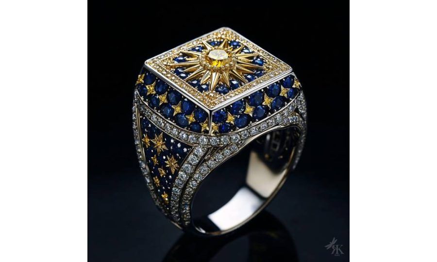 Кольцо Le Roi Soleil квадратной формы — роскошная дань сиянию Солнца. Изготовленное из полированного белого золота, кольцо увенчано золотым мотивом солнечных лучей с ярким желтым бриллиантом в центре. Вся поверхность кольца украшена темно-синими сапфирами в паве, чтобы имитировать бесконечную глубину ночного неба. Среди сапфиров вкраплены золотые звездные акценты, а края обрамлены желтыми бриллиантами в микропаве, что добавляет кольцу ореол тепла и света. Шинки украшены арочными панелями из синих сапфиров, окаймленными рядами блестящих белых бриллиантов; каждая панель инкрустирована мелкими золотыми звездами