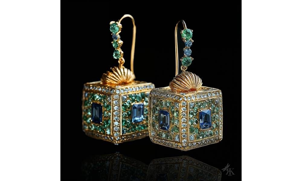 Пара серег-капель из коллекции Kubist под названием Ocean Depths изготовлена из полированного белого золота. Каждый куб украшен смесью аквамаринов и топазов. Верхняя грань каждого куба украшена скульптурным золотым коралловым мотивом, украшенным белыми бриллиантами, имитирующими блеск солнечного света на коралловых рифах