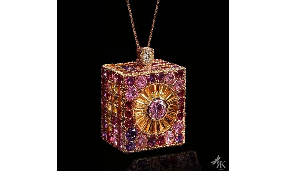 Кулон Kubist из розового золота подвешен на тонкой цепочке из розового золота. Каждая его сторона украшена градиентом розовых сапфиров, желтых бриллиантов и рубинов, которые смешиваются, чтобы уловить тепло заходящего солнца. Верхняя сторона украшена сияющим дизайном солнечных лучей, в центре которого находится круглый бриллиант, окруженный лучами оранжевых сапфиров