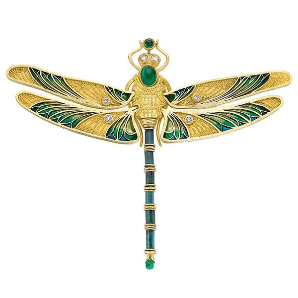 Брошь от Jean Stark из золота 22 и 18 карат с изумрудными кабошонами, аквамарином, бриллиантами и эмалью, оценка: 5 000–7 000 долларов США 