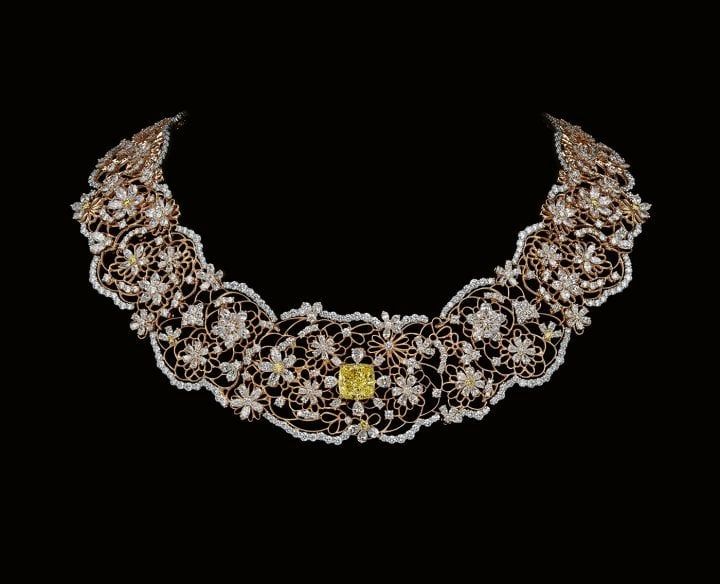 Ожерелье Dior Milly Dentelle Couture Fleurie из розового золота, платины, белых и желтых бриллиантов
