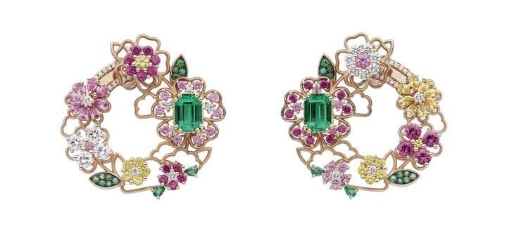 Серьги Dior Milly Dentelle из розового золота, бриллиантов, изумрудов, розовых рубинов, розовых и желтых сапфиров и цаворитов