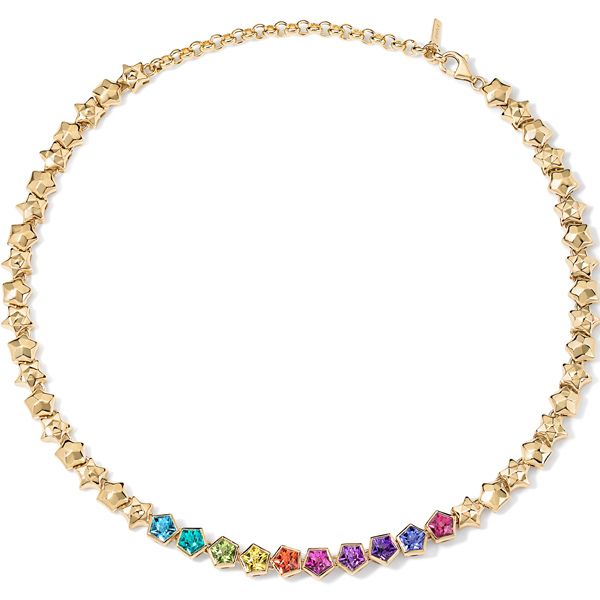 Ожерелье от Zahn-Z украшено разноцветными драгоценными камнями, ограненными по индивидуальному заказу в форме звездочек оригами Ожерелье от Zahn-Z украшено разноцветными драгоценными камнями, ограненными по индивидуальному заказу в форме звездочек оригами