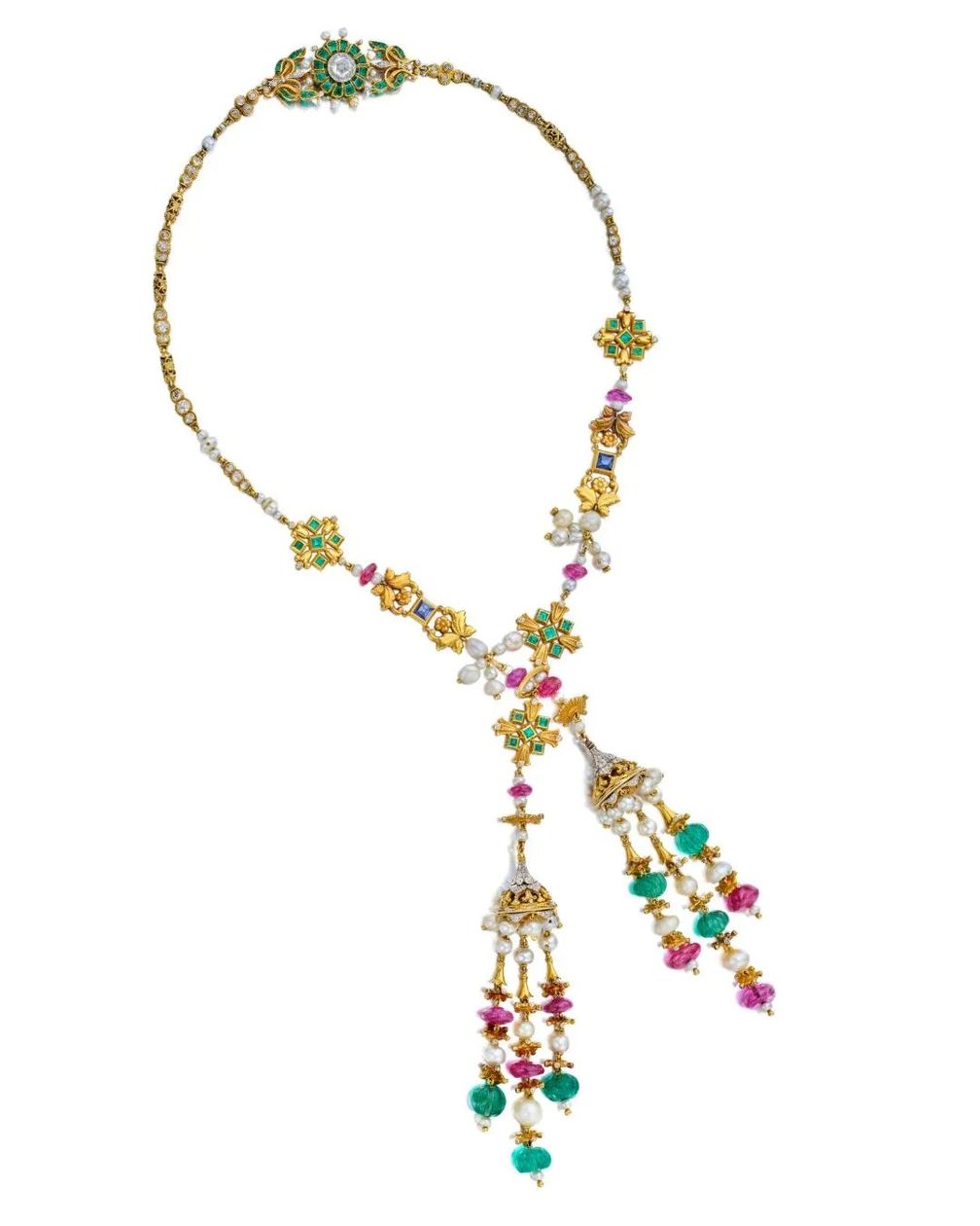 Сотуар из золота с изумрудами, рубинами, жемчугом, сапфирами, бриллиантами и эмалью, предположительно от Tiffany & Co., автор: Полдинг Фарнхэм. Предоставлено Sotheby’s