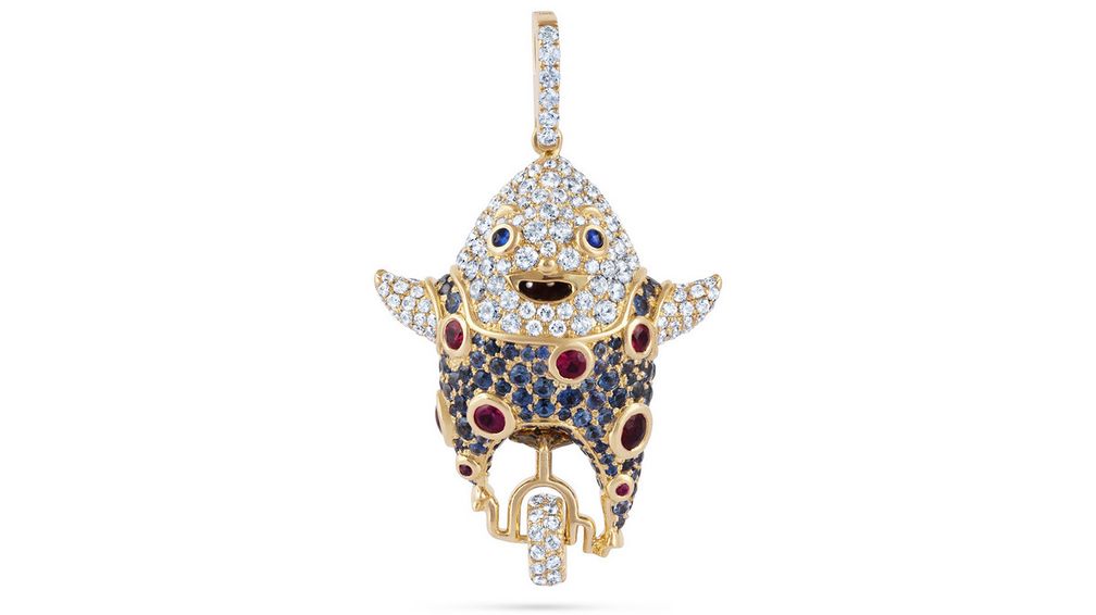 Подвеска Starfish («Морская звезда») на моноцикле из 18-каратного желтого золота с 2 каратами бриллиантов, 1,38 карата рубинов и 2,24 карата сапфиров 